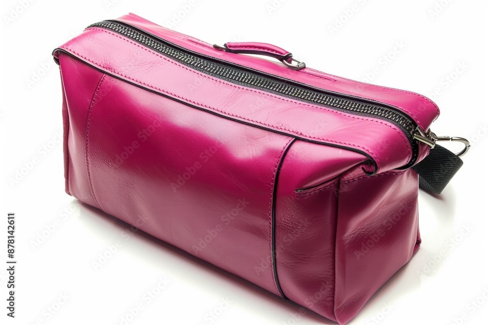 Stylish magenta travel toiletry bag with zipper, perfect for organizing personal items, isolated on a pure white background Stylish magenta travel toiletry bag with zipper, perfect for organizing personal items, isolated on a pure white background