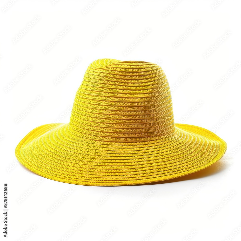 A vibrant and stylish bright yellow sun hat, perfect for summer vacations, isolated on a pure white background A vibrant and stylish bright yellow sun hat, perfect for summer vacations, isolated on a pure white background
