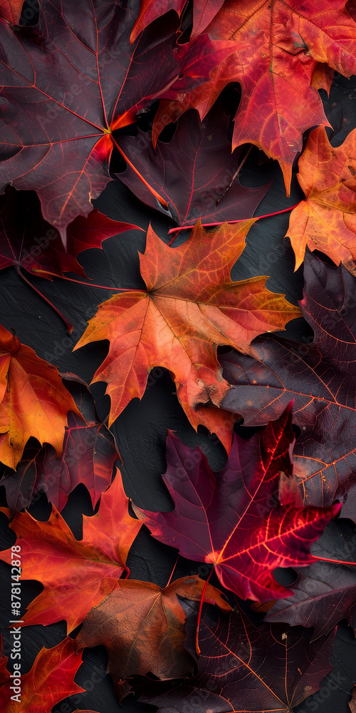 Fototapeta premium Autumn Leaves on a Dark Background - A collection of vibrant fall leaves in shades of red, orange, and brown, arranged on a dark background. The leaves are arranged in a close-up, overhead view, showc