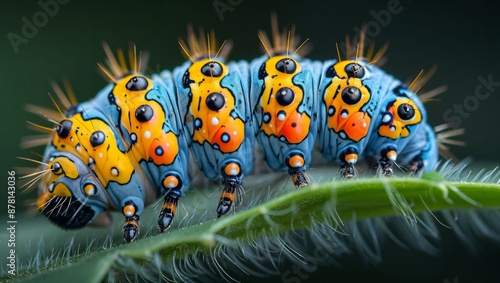 A vibrant macro shot of a colorful caterpillar with intricate blue and yellow patterns, black markings, and protruding bristles, crawling on a green leaf, showcasing details of nature.