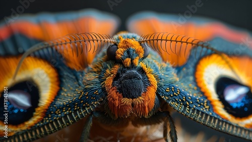This image showcases a close-up view of a vividly colorful moth. The intricate details of its antennae, vibrant orange and blue patterns on its wings are clearly visible.