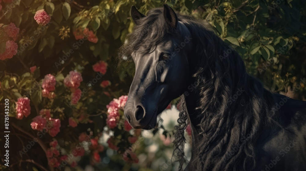 portrait of a black Arabian Stallion horse,generated with AI. portrait of a black Arabian Stallion horse,generated with AI.