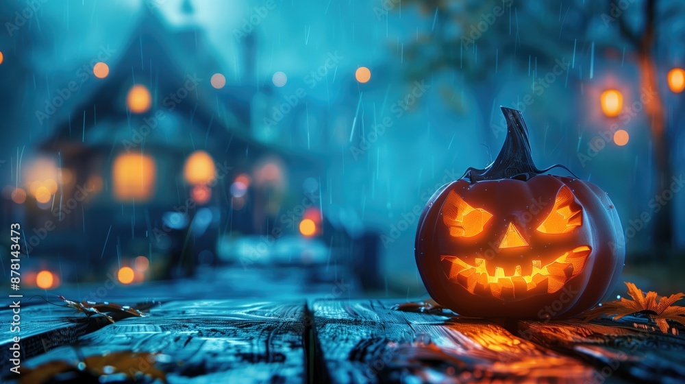 Fototapeta premium Spooky jack-o'-lantern on a rainy wooden table in front of a haunted house at night. Halloween decorations, spooky ambiance, seasonal celebration, haunted house attraction, Halloween party invitation.