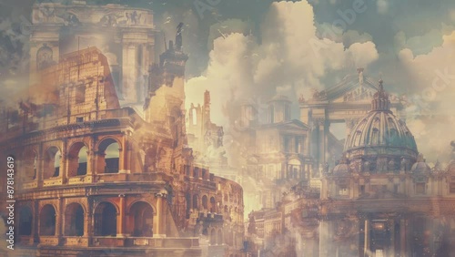 Atmospheric portrayal of ancient Rome with ruins and statues amidst a cloudy backdrop
