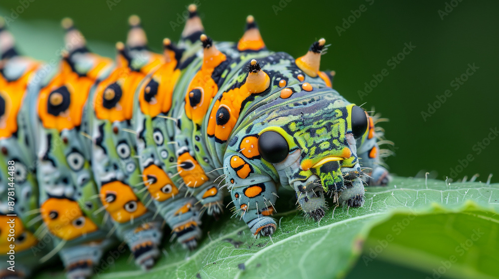Fototapeta premium A yellow caterpillar munches on a green leaf in a summer garden