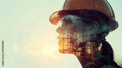 Construction Worker - Building The Future - A female construction worker wearing a hardhat, with a double exposure of a construction site behind her, symbolizing her dedication and role in building th