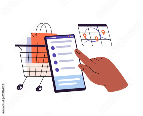 Online shopping concept. Delivery of cart with goods from sale in internet markets. Customer buys, makes order with phone. Location of deliver. Flat isolated vector illustration on white background
