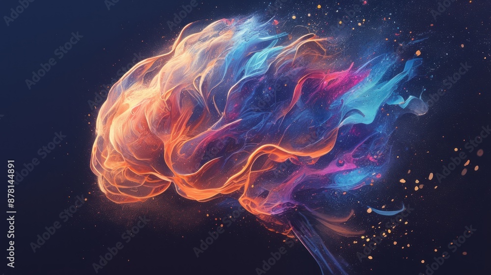 Obraz premium Abstract human brain, on dark background. Colorful smoke creates a visual effect concept of increasing energy and mental activity, ideas, intelligence, imagination, creative thinking or memory.