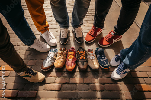 A group of friends standing in a circle showing off their diverse and colorful sneakers on the ground