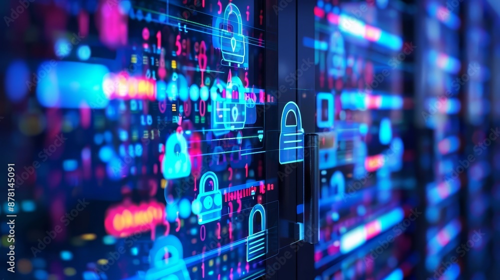 Cybersecurity Data Center - Close-up view of a server room with glowing blue and red lights, signifying the digital realm of cybersecurity and data protection. - Close-up view of a server room with gl Cybersecurity Data Center - Close-up view of a server room with glowing blue and red lights, signifying the digital realm of cybersecurity and data protection. - Close-up view of a server room with gl