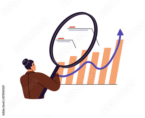 Business analysis concept. Financial analyst explores metrics on increasing chart diagram. Employee does research with KPI, graphs, magnifier. Flat isolated vector illustration on white background