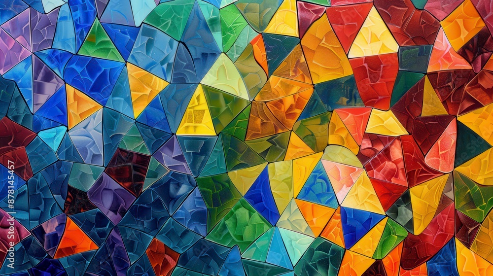 A close-up view of a colorful mosaic made from many triangular pieces A close-up view of a colorful mosaic made from many triangular pieces