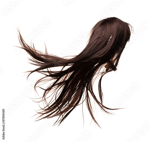 Long straight Wig brunette hair style fly from strong wind. Brunette woman wig wave hair float in mid air. Straight brunette curl wig hair wind blow storm. White background isolated © Jade
