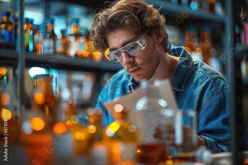 A person in a laboratory setting, engrossed in reading a document with a myriad of bottles and scientific equipment around, creates an aura of intense focus and discovery. photo