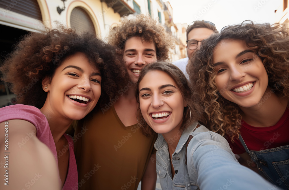Fototapeta premium Group of friends smiling and taking a selfie outdoors, enjoying their time together and capturing happy moments