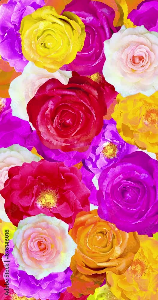 Looped animated background of randomly rotating colorful rose flowers in vetical composition format Looped animated background of randomly rotating colorful rose flowers in vetical composition format