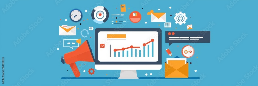 Digital Marketing Strategy: Growing Your Business - A computer screen shows an upward trend chart, signifying success in digital marketing, with a megaphone, email, and other icons symbolizing various Digital Marketing Strategy: Growing Your Business - A computer screen shows an upward trend chart, signifying success in digital marketing, with a megaphone, email, and other icons symbolizing various