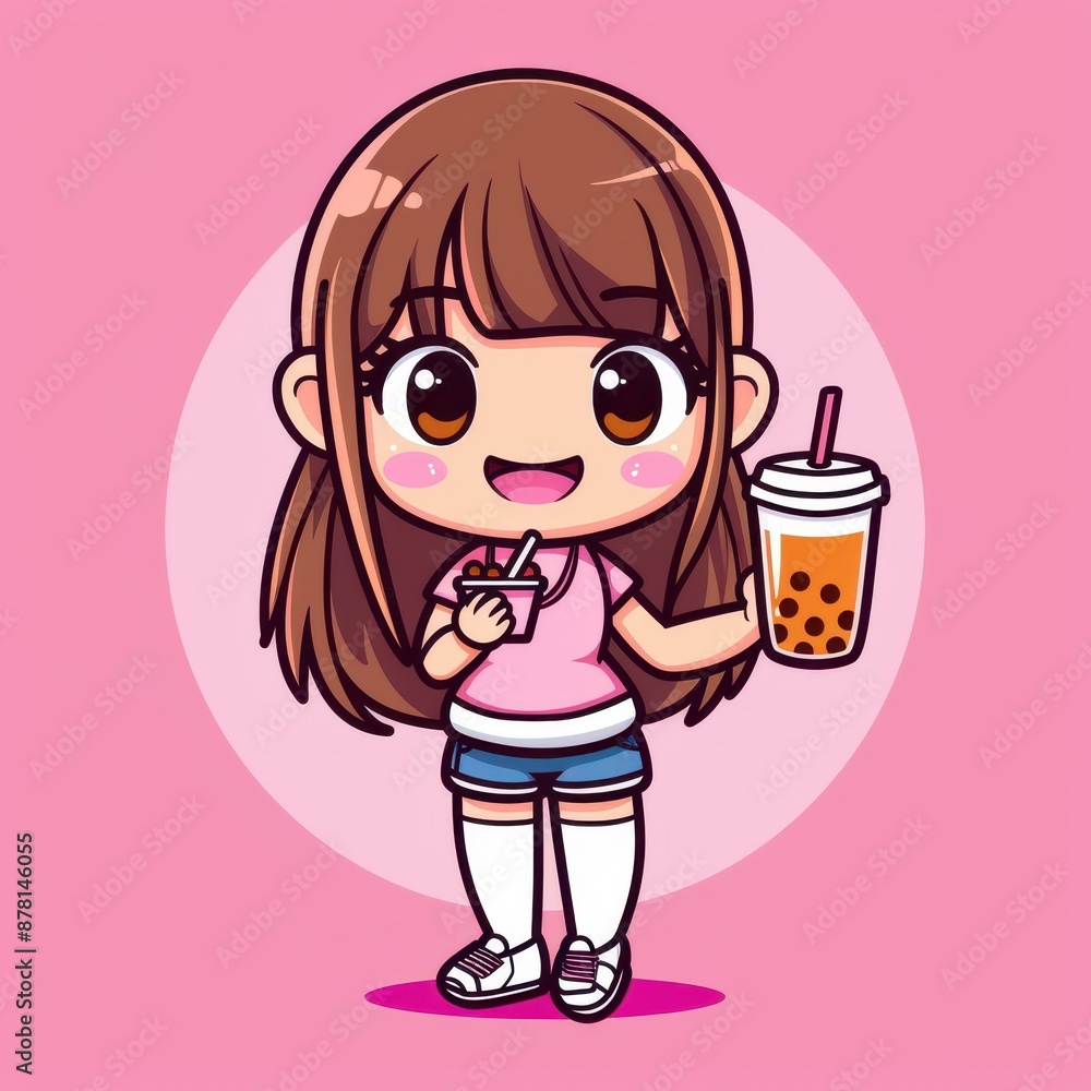 Adorable chibi girl presenting bubble tea, perfect for branding and marketing with a unique logo mascot illustration. Adorable chibi girl presenting bubble tea, perfect for branding and marketing with a unique logo mascot illustration.