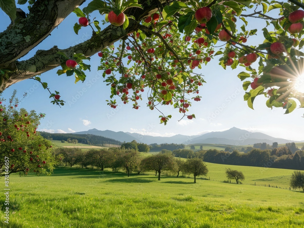 A Serene Day Among the Fruit Trees in the Orchard, With Majestic Mountains in the Distance and a Bright, Clear Sky Above A Serene Day Among the Fruit Trees in the Orchard, With Majestic Mountains in the Distance and a Bright, Clear Sky Above
