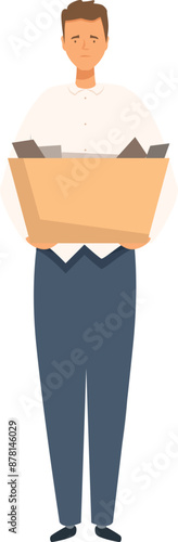 Man is standing sadly with a box of his belongings after losing his job