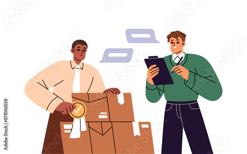 Quality control concept. Assurance of certified products. Checking of goods before delivery. Approving of safety certificate of cargo in boxes. Flat isolated vector illustration on white background photo