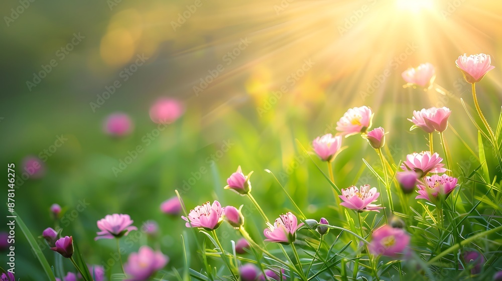Obraz premium Pink Wildflowers in Bloom with Warm Sunlight Rays
