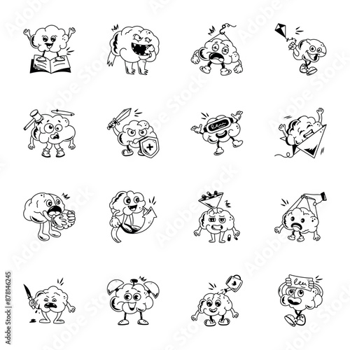 Pack of Human Brain Character Doodle Icons 


