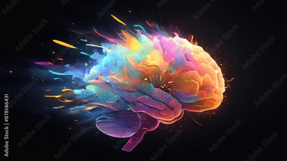 Obraz premium Abstract human brain, on dark background. Colorful smoke creates a visual effect concept of increasing energy and mental activity, ideas, intelligence, imagination, creative thinking or memory.
