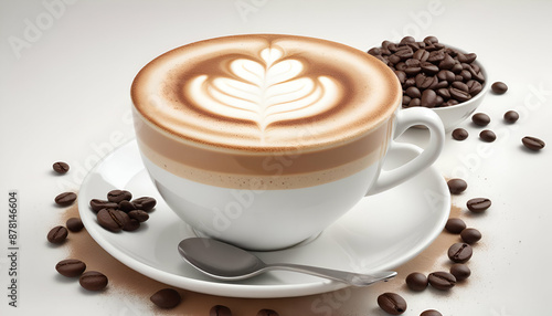 Photo-Realistic Frothy Cappuccino with Chocolate Sprinkles Crisp Image Surrounded by Coffee Beans on a White Background for Coffee Lovers and Cafe Decor