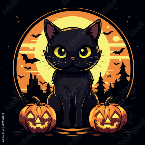 Happy halloween pumpkins with cat black. Cute cartoon characters