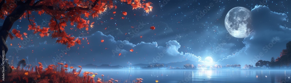 A calm night scene with a full moon, red flowers, and a sky full of stars A calm night scene with a full moon, red flowers, and a sky full of stars