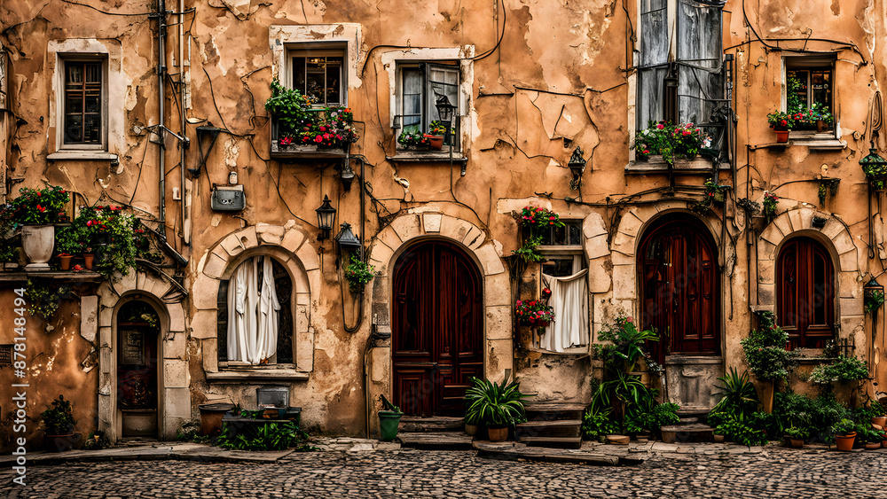 Fototapeta premium An Empty Street with European Architectural Design Houses, Serene and Quiet, Timeless Beauty City