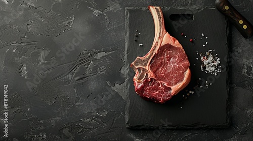 A black board with a tomahawk steak with a bone. Top view, text space available. photo