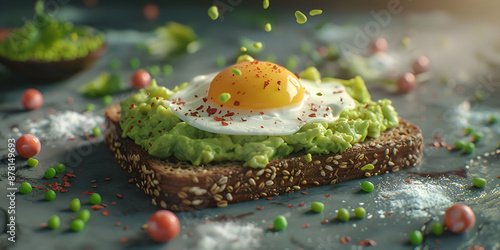 Whole grain toast topped with mashed avocado, a sprinkle of salt, pepper, and red pepper flakes, and a poached egg photo