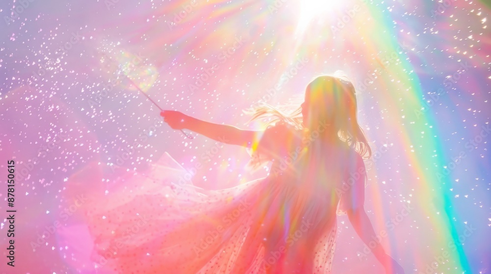 Girl dances in field, dress billows, holding wand Girl dances in field, dress billows, holding wand