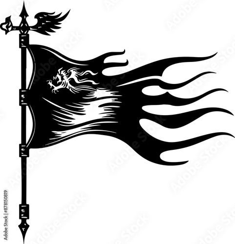 Black Silhouette of a Flaming Flag with Lion Crest - Strength and Nobility