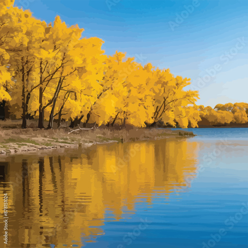 A serene lake with vibrant yellow ginkgo trees lining the bank, their golden reflections shimmering in the clear, calm water under a bright autumn skysummer, nature, tree, background, landscape, green photo