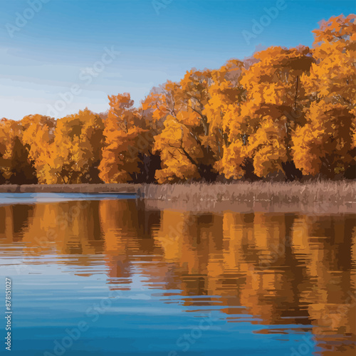 A serene lake with vibrant yellow ginkgo trees lining the bank, their golden reflections shimmering in the clear, calm water under a bright autumn skysummer, nature, tree, background, landscape, green