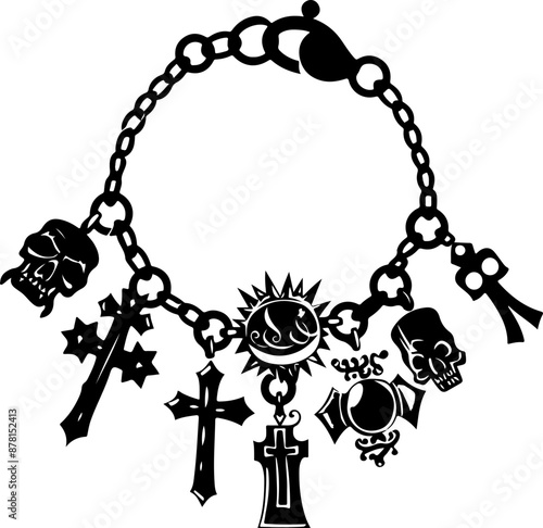 Silhouette of Charm Bracelet with Skulls and Crosses Symbolizing Gothic Style