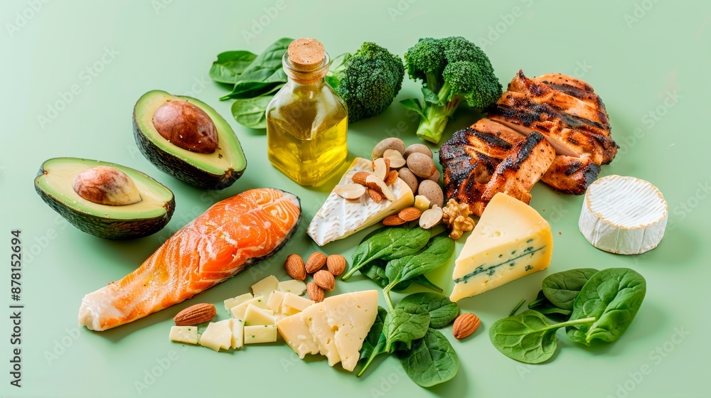 Healthy ketogenic low carb food for balanced diet. A variety of nutritious foods rich in healthy fats including salmon, avocados, nuts, seeds, and eggs on a green background Healthy ketogenic low carb food for balanced diet. A variety of nutritious foods rich in healthy fats including salmon, avocados, nuts, seeds, and eggs on a green background