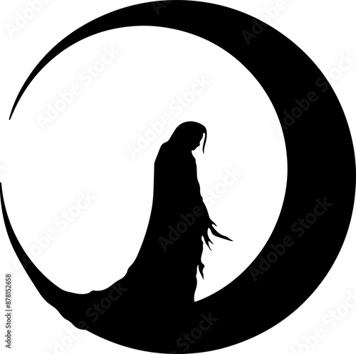 Monochrome Silhouette of Cloaked Figure in Crescent Moon: Mystery and Reflection