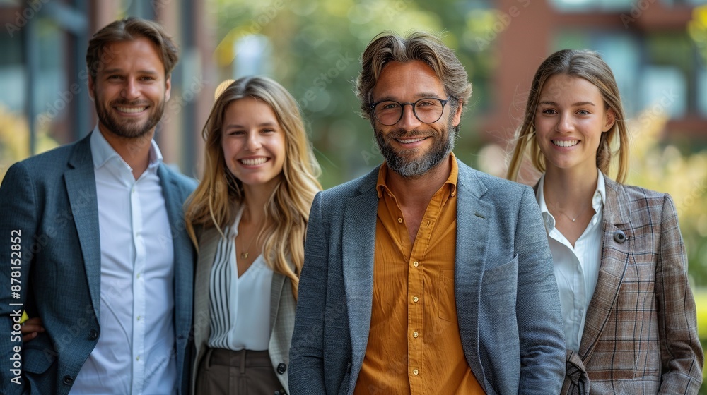 Group of four well-dressed professionals stands outdoors image. Caucasian happy colleagues photography scene wallpaper. Leadership and approachability concept photorealistic photo Group of four well-dressed professionals stands outdoors image. Caucasian happy colleagues photography scene wallpaper. Leadership and approachability concept photorealistic photo
