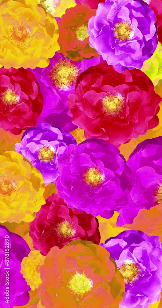 Background of randomly rotating colorful rose flowers in vertical composition format Background of randomly rotating colorful rose flowers in vertical composition format
