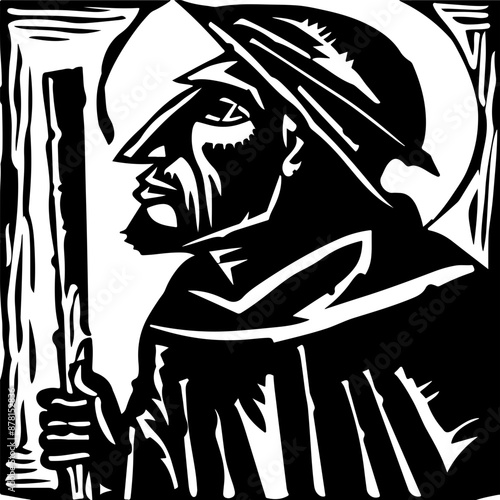 Woodcut Art of a Pilgrim with Walking Stick - Symbol of Journey and Faith