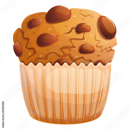 Homemade muffin with chocolate. Sweet dessert cartoon illustration isolated on white. Bakery design element.