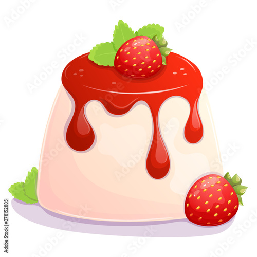 Panna cotta decorated with strawberry isolated on white.  Traditional Italian sweet dessert.