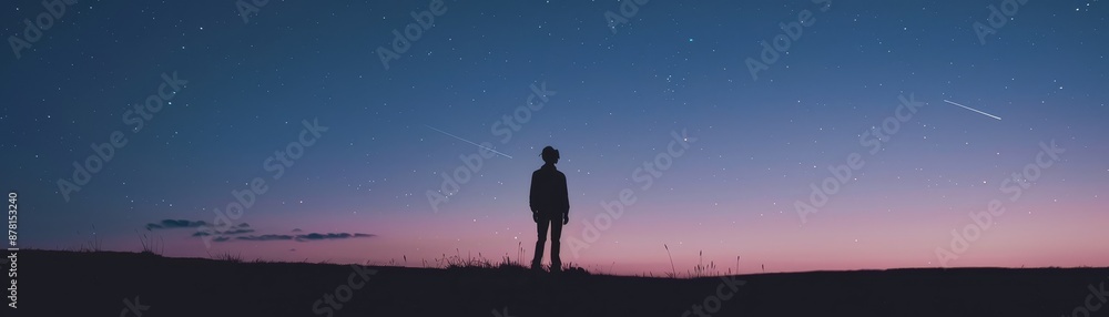 Silhouette of a Person Under a Starry Night - A single person stands silhouetted against a backdrop of a starry night sky, creating a sense of wonder and contemplation. - A single person stands silhou Silhouette of a Person Under a Starry Night - A single person stands silhouetted against a backdrop of a starry night sky, creating a sense of wonder and contemplation. - A single person stands silhou