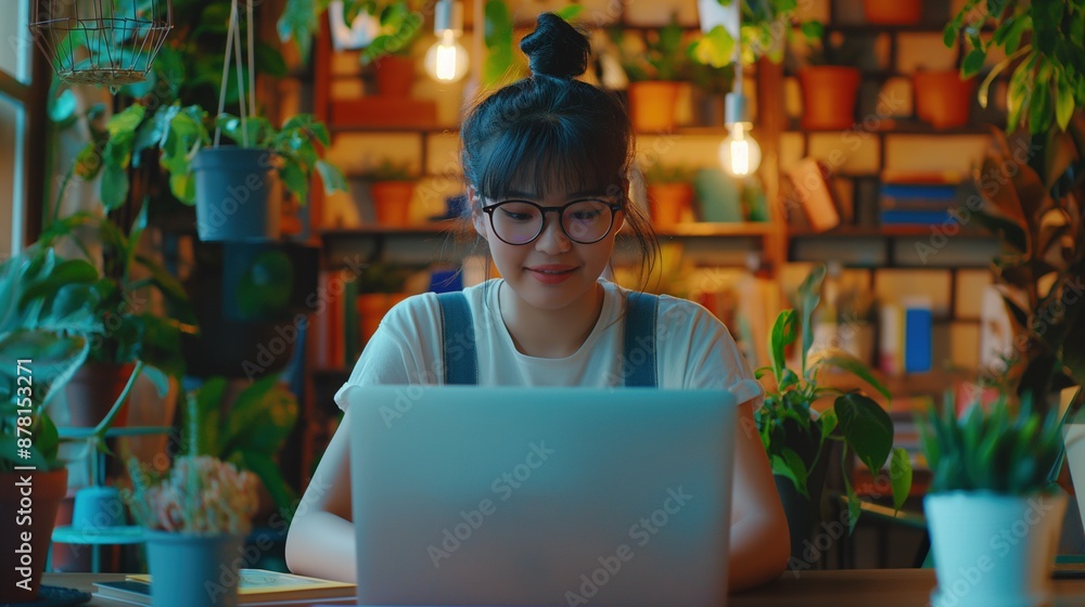 Cute japanese female using laptop in home office image. Asian female student with glasses at computer photography scene wallpaper. Online education concept photorealistic photo Cute japanese female using laptop in home office image. Asian female student with glasses at computer photography scene wallpaper. Online education concept photorealistic photo