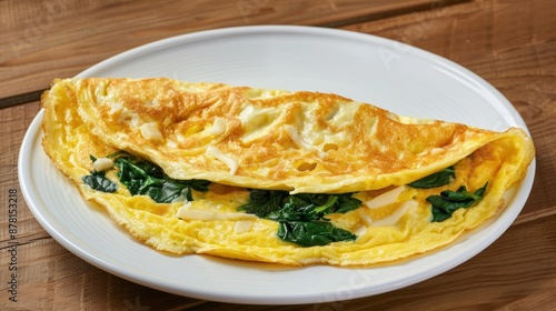 Cheese and spinach omelet on a white plate. Eggs with cheese breakfast