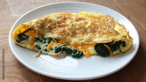 Cheese and spinach omelet on a white plate. Eggs with cheese breakfast